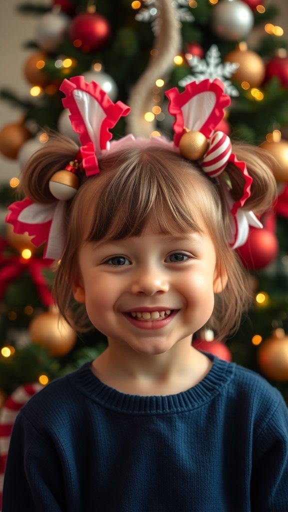 A child with a festive hairstyle and Christmas decorations in the background.